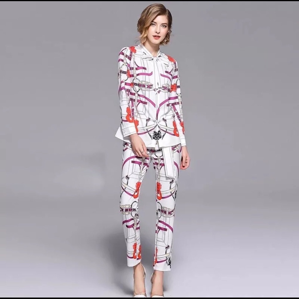Print Casual European Trousers Suit Two Pieces Set